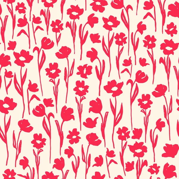 Vivid Magenta Pink Flowers Leaves Seamless Repeat Pattern Hand Drawn — Stock Vector