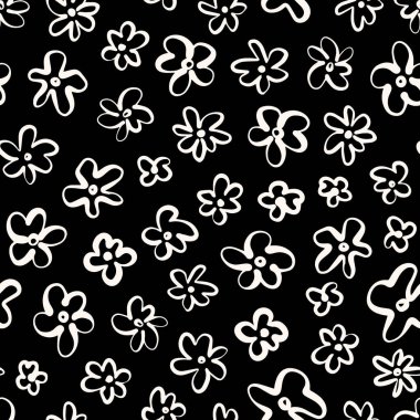 Tek renkli çiçekler, retro dikişsiz tekrar deseni. Rastgele yerleştirilmiş, vektör çiçekleri tüm yüzeyde siyah arka planda iz bırakıyor..