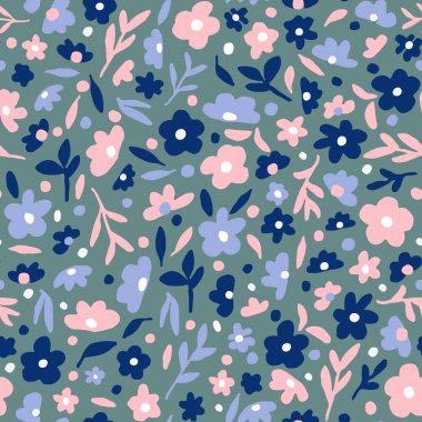Cute floral seamless repeat pattern. Random placed, vector botany all over surface print on grey background.