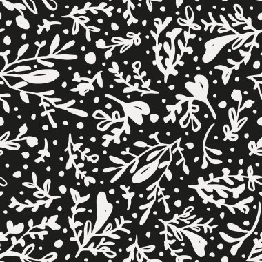 Sevimli çiçeksiz tekrarlama deseni. Rastgele yerleştirilmiş, vektör botaniği tüm yüzey baskısı üzerinde siyah arkaplan.