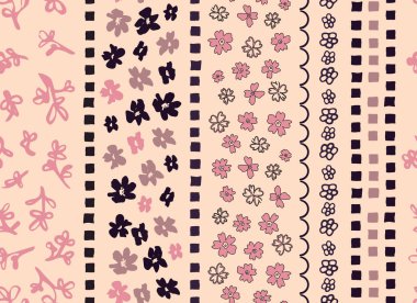 Çiçekli kumaş, kusursuz deseni tekrarlıyor. Dikey, vektör geometrik ve botanik şekiller pembe arkaplandaki tüm yüzey izleri.