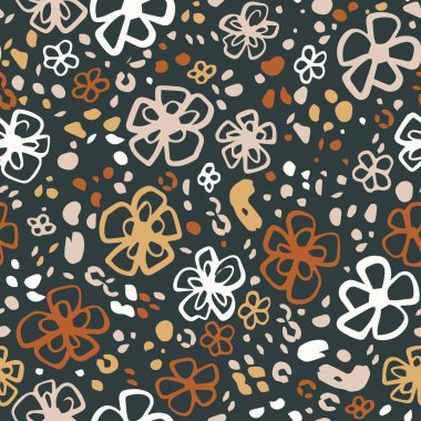 Noktasız tekrar desenli geçmişe dönük çiçekler. Rastgele yerleştirilmiş, yüzey izi üzerinde vektör botaniği.