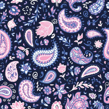 Renkli geleneksel çiçekler, yapraklar ve desenler pürüzsüz tekrar desenleri. Rastgele yerleştirilmiş, vektör mirası botanik, her yerde koyu mavi arka plan..