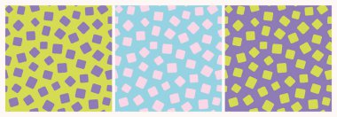 Eğlenceli mavi, pembe ve limon yeşili dikdörtgenler, dikişsiz tekrarlar. Rastgele yerleştirilmiş, vektör geometrik şekilli, tüm yüzey baskısı kümesi.