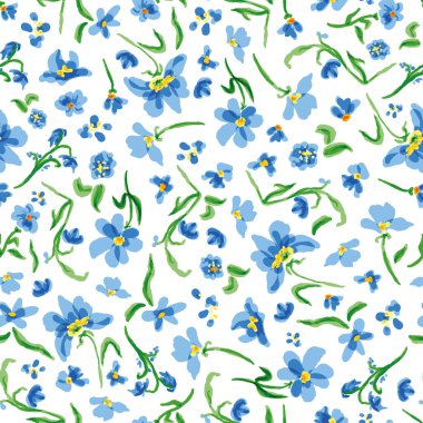 Beyaz arka planda lekesiz tekrarlayan desenli mavi çiçekler. Rastgele yerleştirilmiş, vektör el çizimi botanik, tüm yüzey izi.