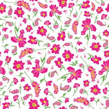 Şirin küçük paso çiçekleri, pürüzsüz tekrar desenleri. Rastgele yerleştirilmiş, pembe vektör çiçekli botanik, beyaz arka plandaki tüm yüzey izleri..