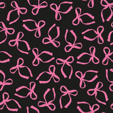 Siyah arka planda pembe kurdeleli kusursuz desen. vektör.