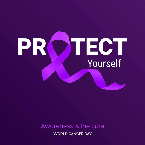 Protect Yourself Ribbon Typography Awareness Cure World Cancer Day — Image vectorielle