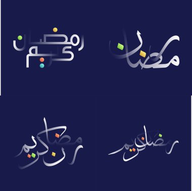 Ramazan Kareem 'in Beyaz Parlak Kaligrafi ile İslami Tebrik Kartları ve Sancakları İçin Renkli Tasarım Elemanları