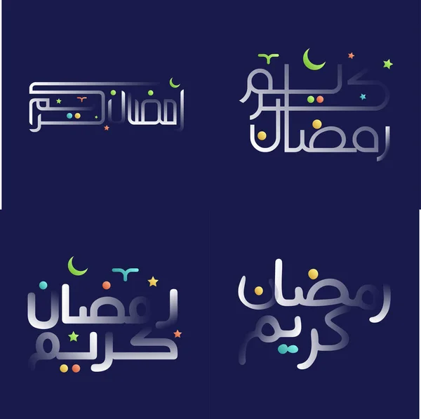 Nowoczesny Biały Błyszczący Ramadan Kareem Kaligrafia Pack Kolorowymi Elementami Wzornictwa — Wektor stockowy