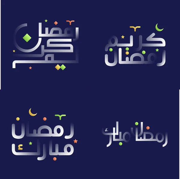 Pacote Caligrafia Glossy White Ramadan Kareem Com Ilustrações Coloridas Arte — Vetor de Stock