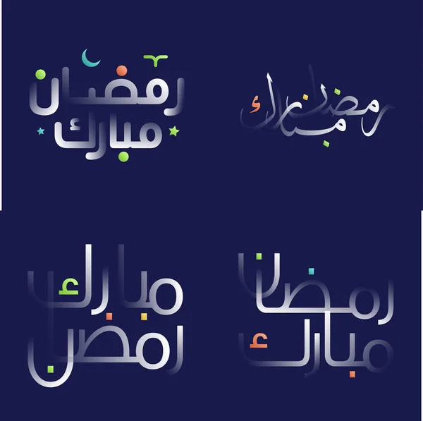Μοντέρνο Λευκό Γυαλιστερό Ramadan Kareem Καλλιγραφία Pack Πολύχρωμα Γεωμετρικά Και — Διανυσματικό Αρχείο