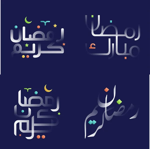 Blanco Brillante Ramadán Kareem Caligrafía Con Elementos Diseño Lúdico Colores — Vector de stock