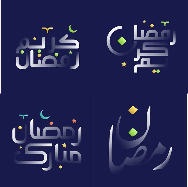 Biały Błyszczący Pakiet Kaligraficzny Ramadan Kareem Kolorowymi Islamskimi Ilustracjami Geometrycznymi — Wektor stockowy