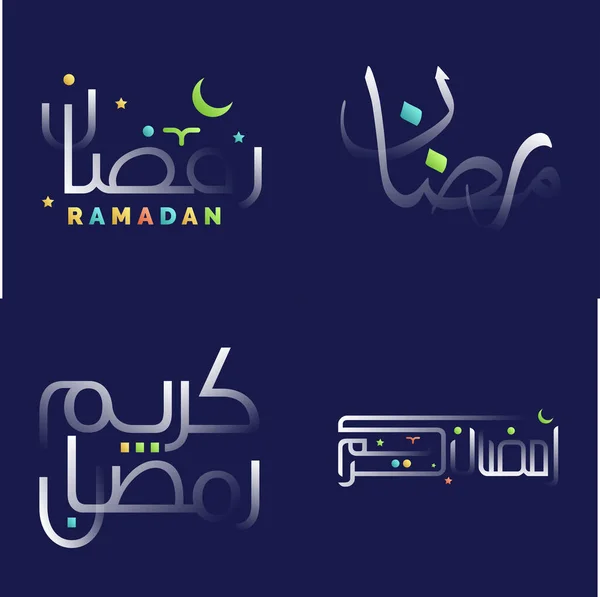 Ramadan Kareem Calligraphy White Glossy Effect Colorful Design Elements — Stock Vector