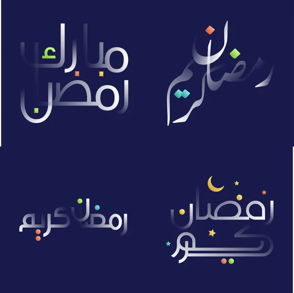 Beautiful White Glossy Ramadan Kareem Calligraphy Pack Vibrant Design Elements — Stock Vector