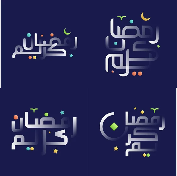 Glossy White Ramadan Kareem Calligraphy Pack Colorful Islamic Geometric Patterns — Stock Vector