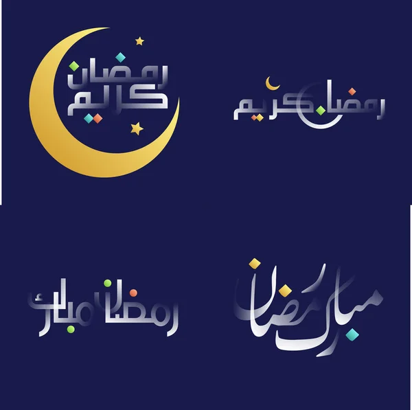 Hochglanz Weiß Ramadan Kareem Kalligraphie Pack Mit Auffälligen Design Elementen — Stockvektor