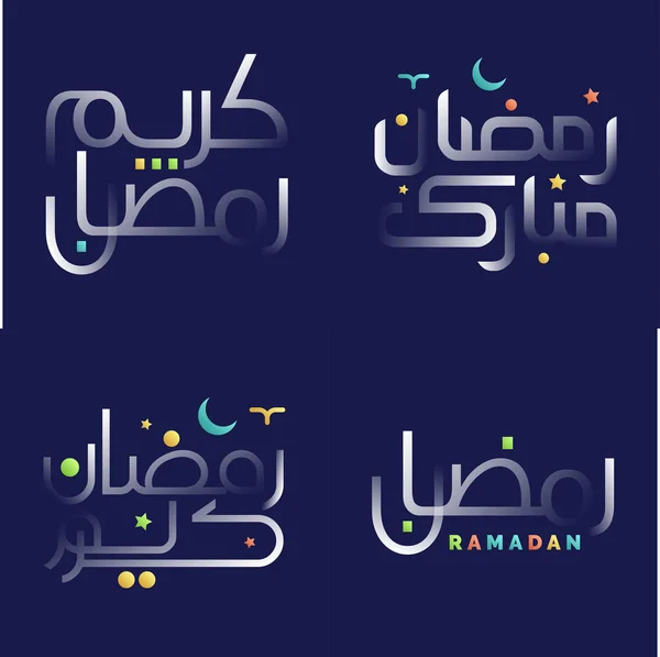 Pacote Caligrafia Ramadan Kareem Branco Brilhante Com Elementos Design Coloridos — Vetor de Stock