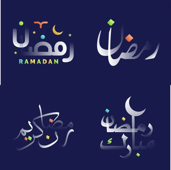 Brillante Blanco Brillante Ramadán Kareem Caligrafía Con Elementos Diseño Coloridos — Vector de stock