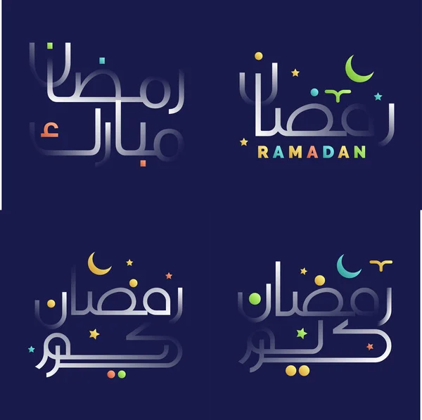 Parlak Beyaz Metin Gökkuşağı Aksanlı Ramazan Kareem Kaligrafi Paketi — Stok Vektör