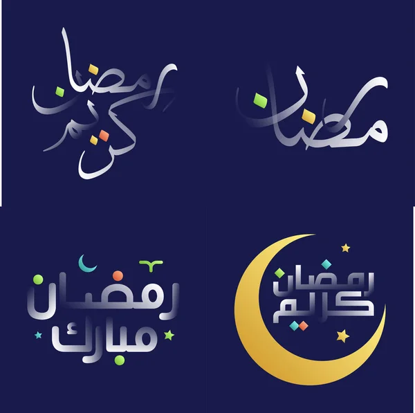 Stylish Festive White Glossy Ramadan Kareem Calligraphy Set Colorful Islamic — Stock Vector