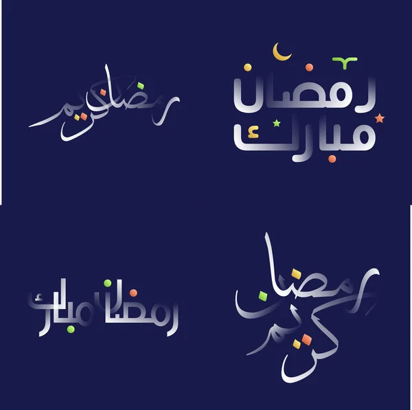 Glossy White Ramadan Kareem Calligraphy Pack Colorful Islamic Design Elements — Stock Vector