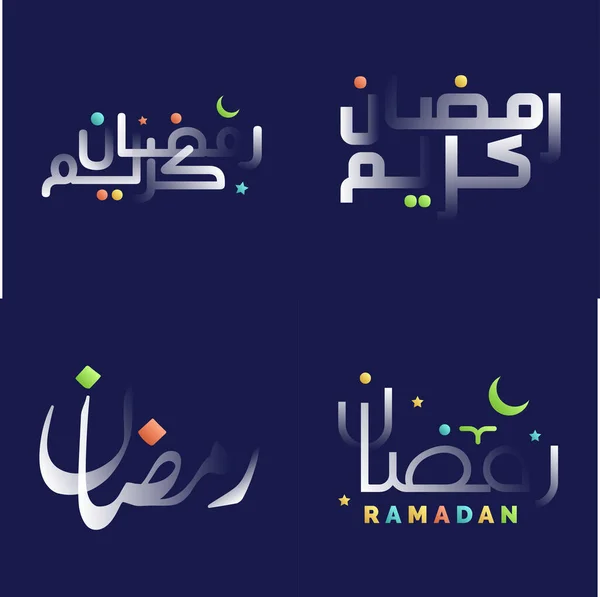 Oszałamiająca Biała Błyszcząca Kaligrafia Ramadan Kareem Zestaw Żywymi Kolorami Islamskimi — Wektor stockowy