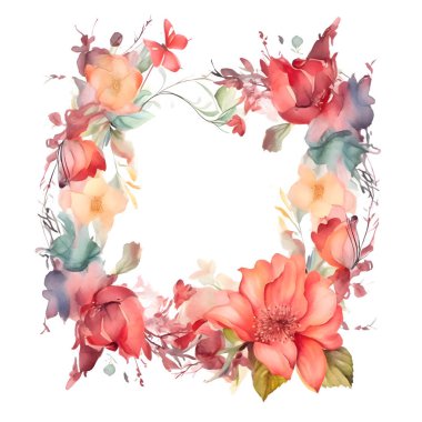 Güllü Dijital Hassas Çiçek Çelengi; Dahlias ve Ökaliptüs Yaprakları. Dijital Tasarım. Beyaz Arkaplan