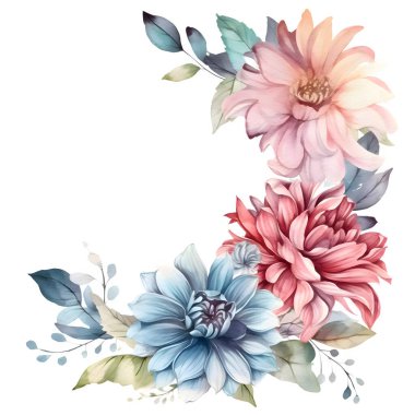 Tüylü ve Kelebekli Dijital Boho Tarzı Çiçek Çerçevesi. Romantik Davet Tasarımı. Beyaz Arkaplan