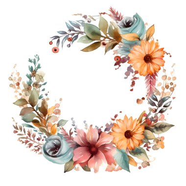 Çiçek ve Yapraklı Renkli Suluboya Çerçevesi. Düğün davetiyeleri için mükemmel. Beyaz Arkaplan