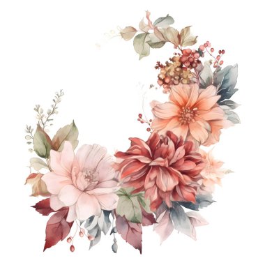 Çiçek ve Yapraklı Bahar Bahçesi Çerçevesi. El Çizimi Suluboya. Beyaz Arkaplan