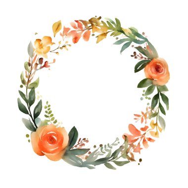 Kırsal Yeşillik ve Çiçek Yuvarlak Çerçevesi Yaz Düğün ve Etkinlikleri için Tasarım. Şakayıklar; Güller; ve Nane ve Yeşil Tonlar Yaprakları. Suluboya Beyaz Arkaplan