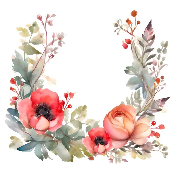 Cyfrowy Delikatny Kwiatowy Wieniec Różami Liści Dahlii Eukaliptusa Projektowanie Białe — Zdjęcie stockowe