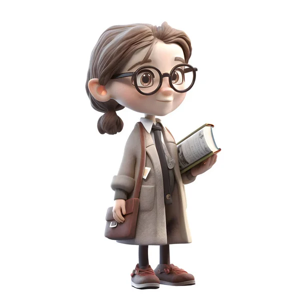 知的アイコン3Dかわいい女の子で教授文字で本と眼鏡白の背景 — ストック写真