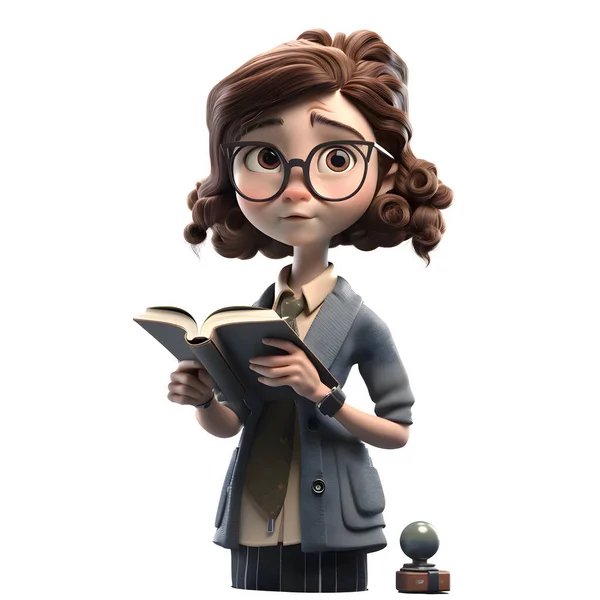 スマートな恋人3Dかわいい女の子で教授キャラクターとともに本と眼鏡ホワイト背景 — ストック写真
