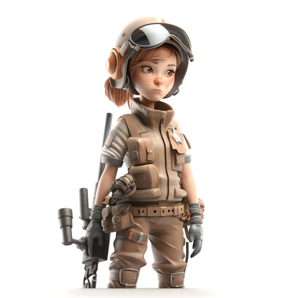 Camouflage Cutie Cute Girl Army Character Gun White Background — Stock Photo, Image