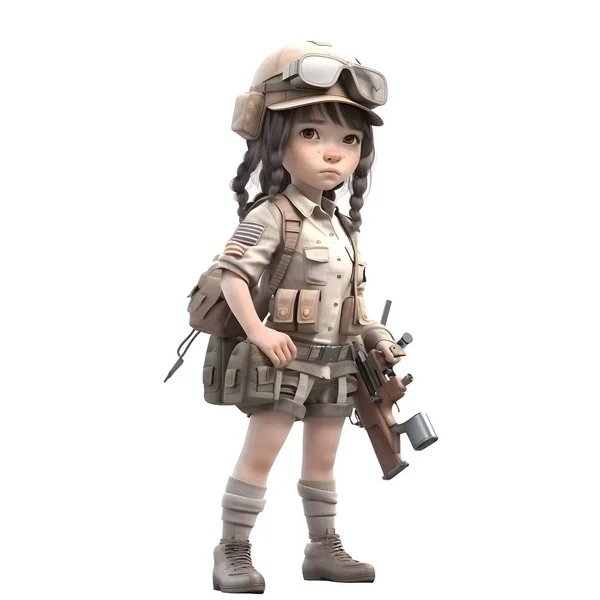 Little Miss Soldier Uma Menina Bonito Uniforme Exército Fundo Branco — Fotografia de Stock