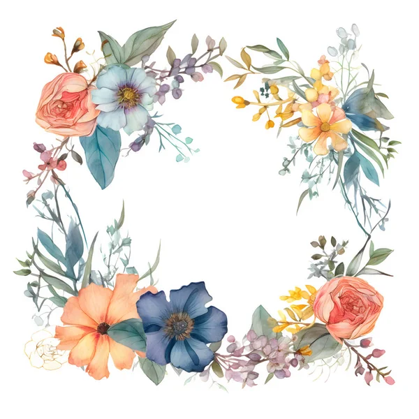 Rustieke Botanische Frame Met Wilde Bloemen Gebladerte Witte Achtergrond — Stockfoto
