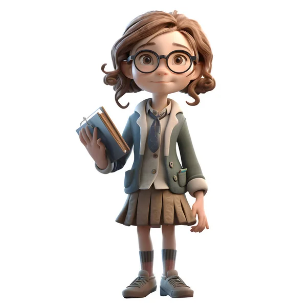 学習したレディ3Dかわいい女の子で教授文字保持本と眼鏡白の背景を身に着けています — ストック写真