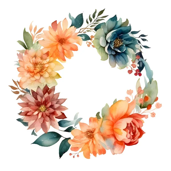 Kolorowe Akwarele Kwiatowa Ramka Kwitnącymi Kwiatami Liśćmi Idealny Zaproszenia Ślubne — Zdjęcie stockowe