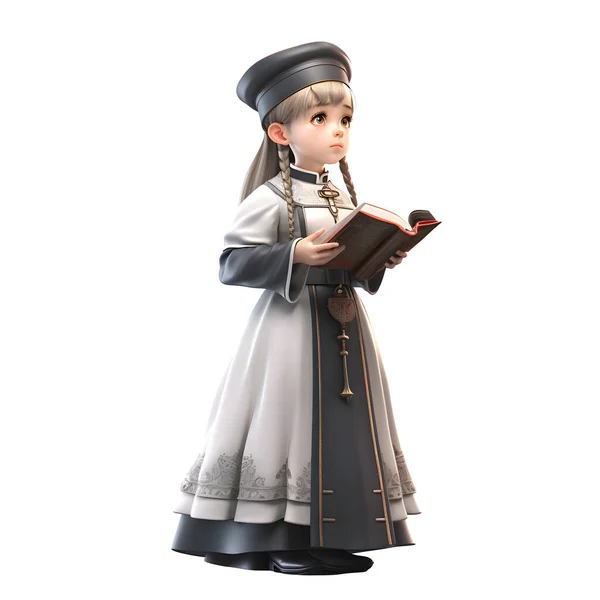 Cute Girl Priest Character Rosary Holy Book White Background — Stock Photo, Image