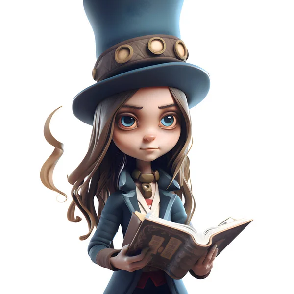 Enchanting 3D Fantasy Magician Girl with a Spellbook White Background