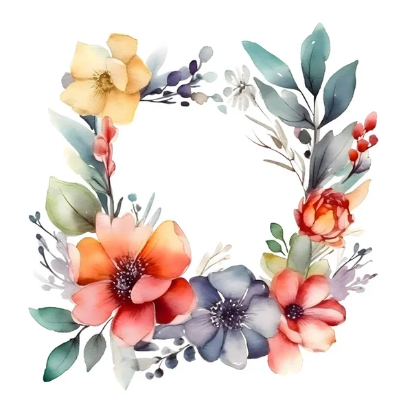 stock image Delicate Floral Wreath with Roses; Peonies and Wildflowers. Hand Drawn Watercolor Design. White Background