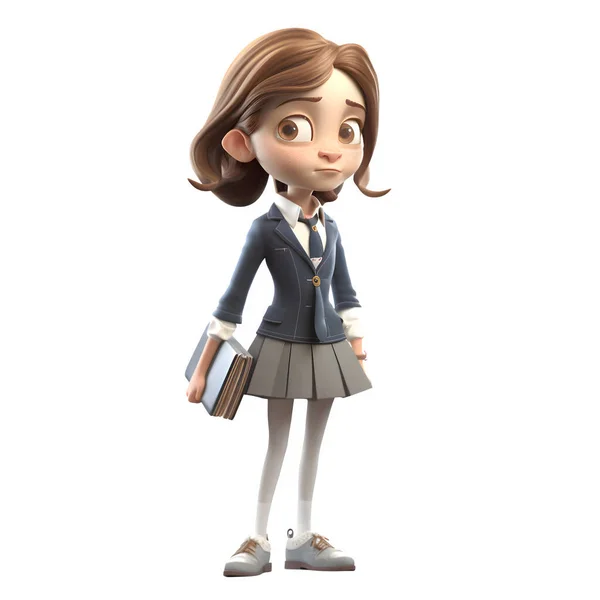 学生可爱3D女孩角色白色背景 — 图库照片