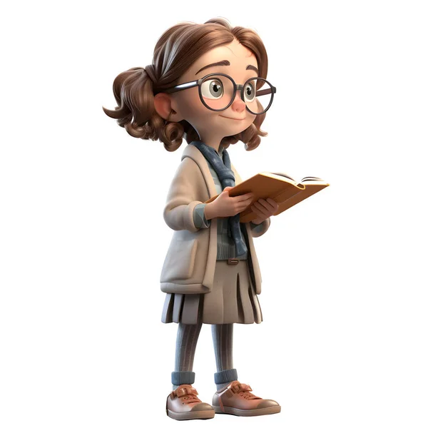 stock image Bright Brain 3D Cute Girl in Professor Character with a book and glasses White Background