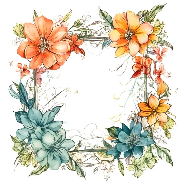 stock image Botanical Flower Frame Design with Wildflowers; Leaves and Branches. Perfect for Spring or Summer Invitations; Greeting Cards; Posters and More. Hand-drawn White Background