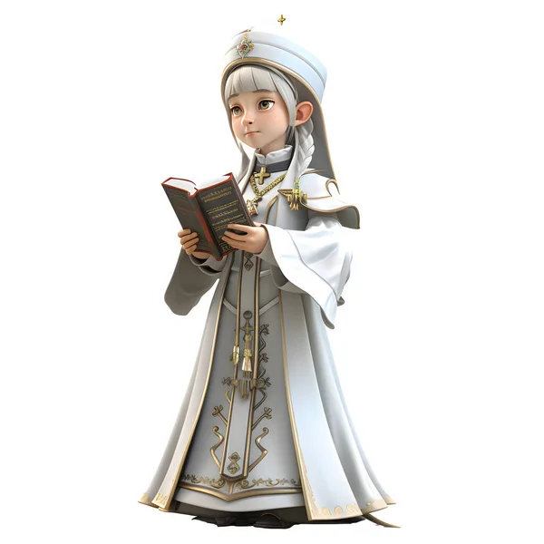 3D Render of Cute Female Priest in Robe with Holy Book and Rosary White Background