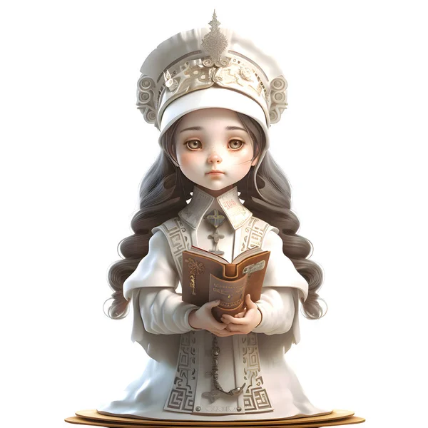 3D Animated Cute Female Priest Holding Rosary and Bible White Background