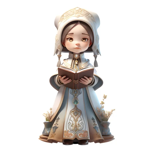 3D Cute Female Priest with Holy Book and Rosary White Background